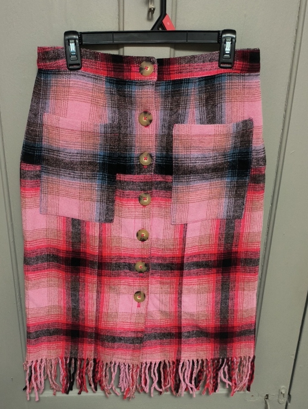 Maeve by Anthropologie Pink and Black Plaid Fringe Pencil Skirt